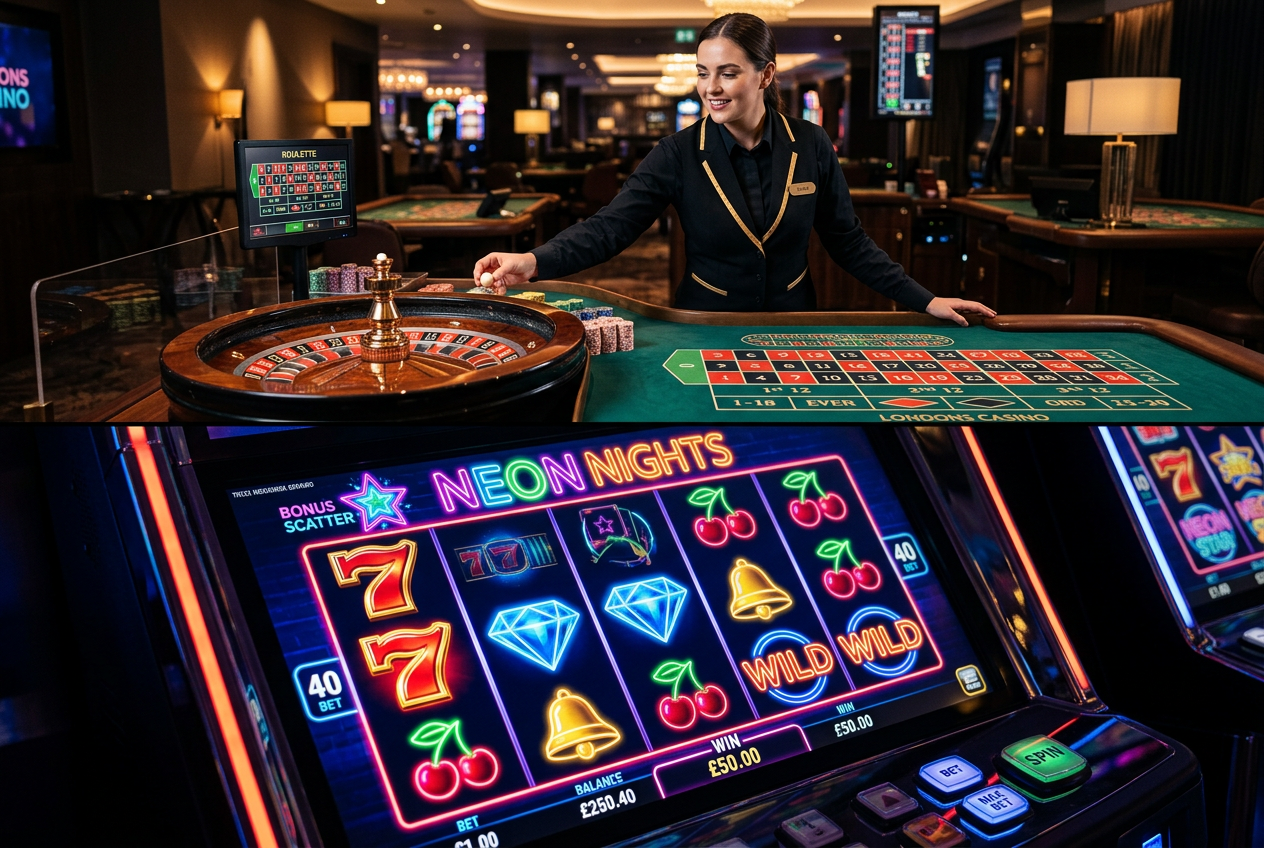 Comparison of live casino dealer and electronic slot machine interface.