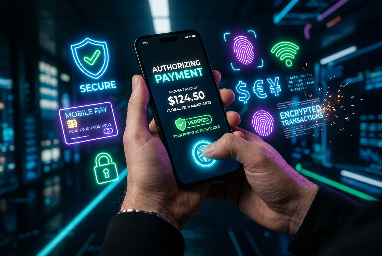 A user authorizing a secure transaction on a smartphone with biometric security icons.