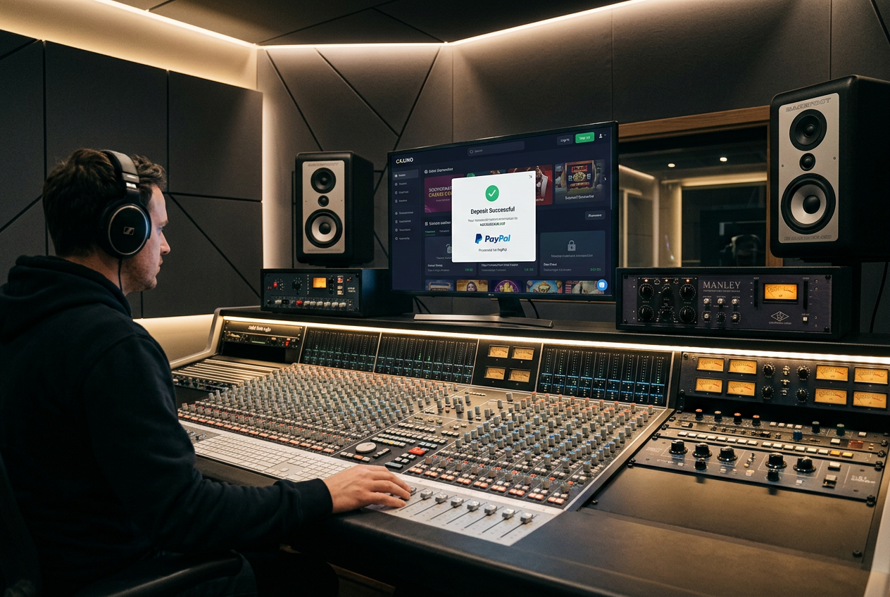 Profesjonalne studio masteringowe z widokiem na interfejs kasyna i logo PayPal.